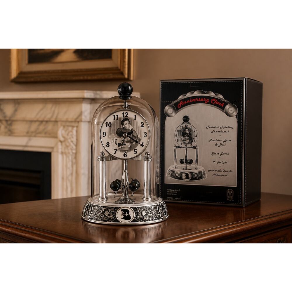 ELVIS PRESLEY Silver Anniversary Clock Porcelain Base Rotate Glass Dome